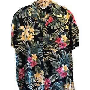 Malihini Vintage Men’s L Black Green Floral SS Button Down Cotton Hawaiian Shirt